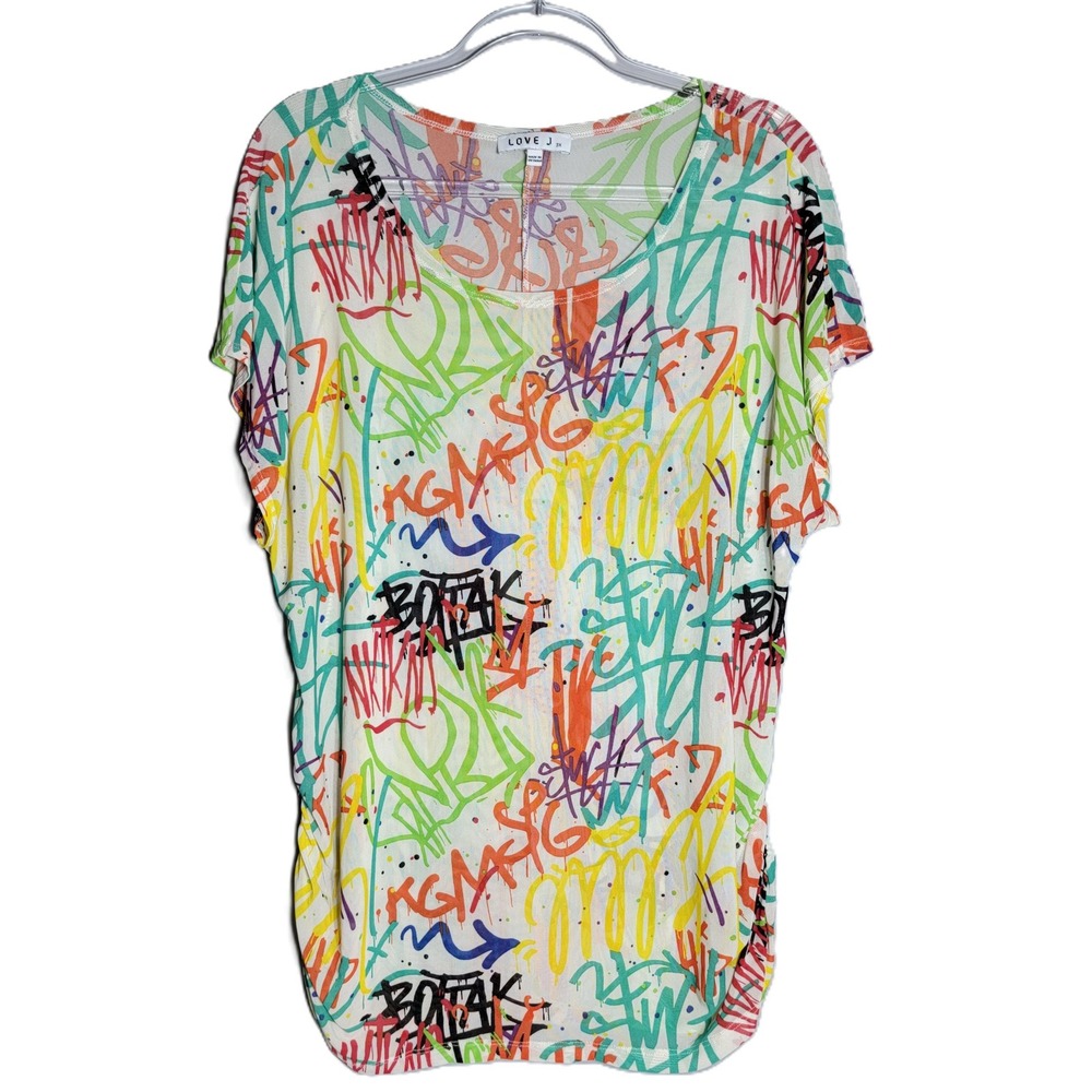 LOVE J Graffiti Print Mesh Tunic Top 3X White Multicolored‎ Short Sleeve Stretch